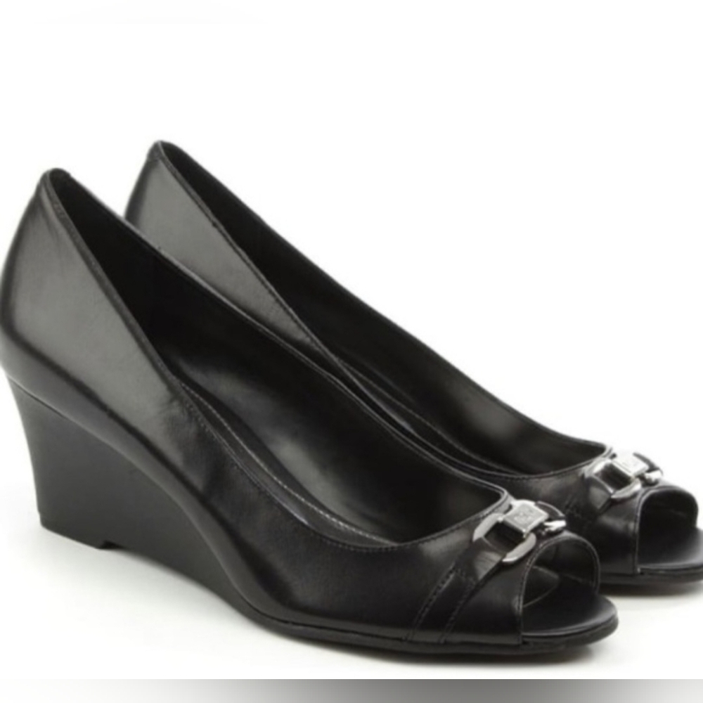 9.5 RALPH LAUREN Paula Leather Peep Toe Wedge Shoes